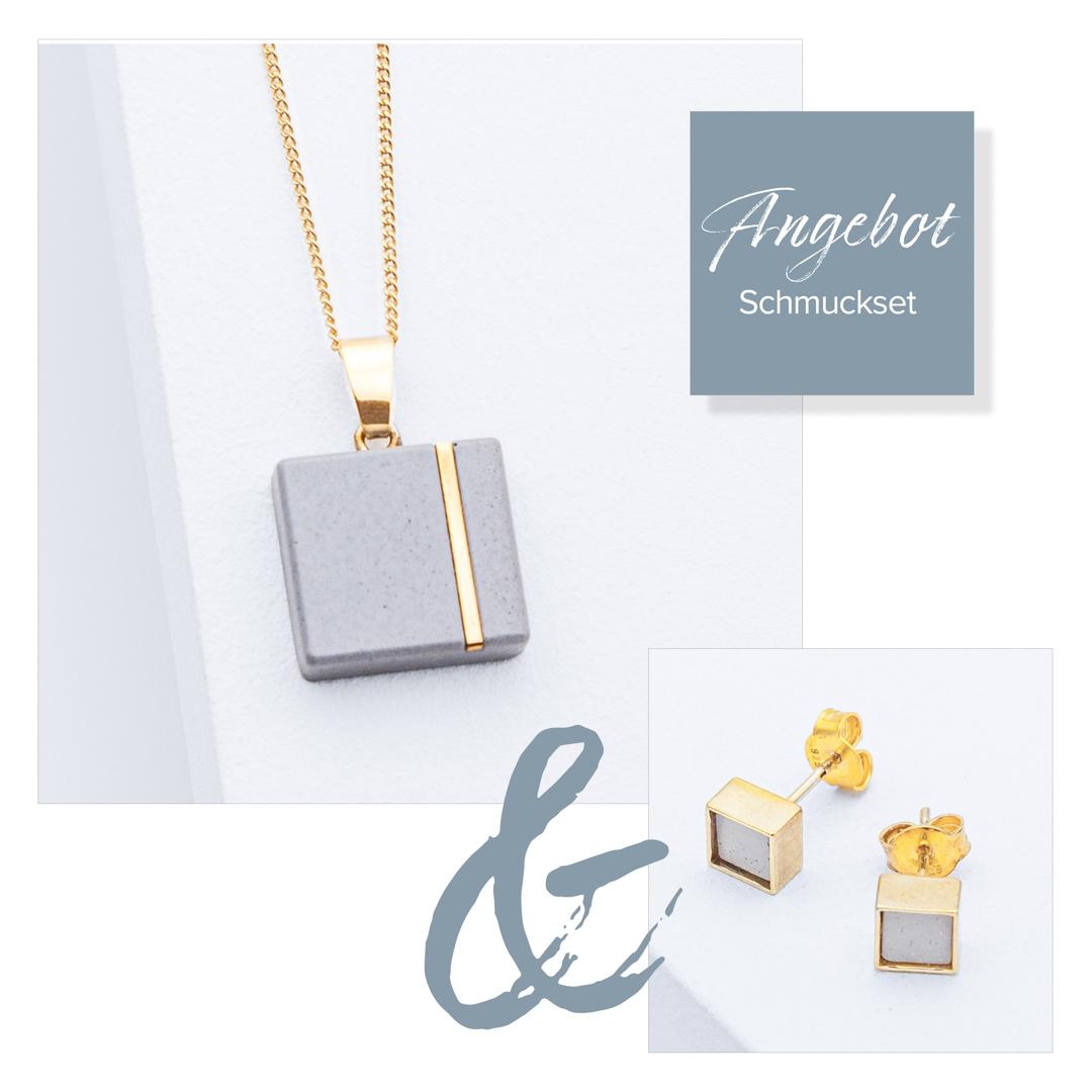 Handgefertigter Betonschmuck C30C10 in Gold aus der Studio 4L Betonmanufaktur – vereint zeitlose Eleganz und einzigartiges Design. Entdecke die fusionierte Schönheit von hochwertigem Gold und modernem Beton in diesem exklusiven Set.