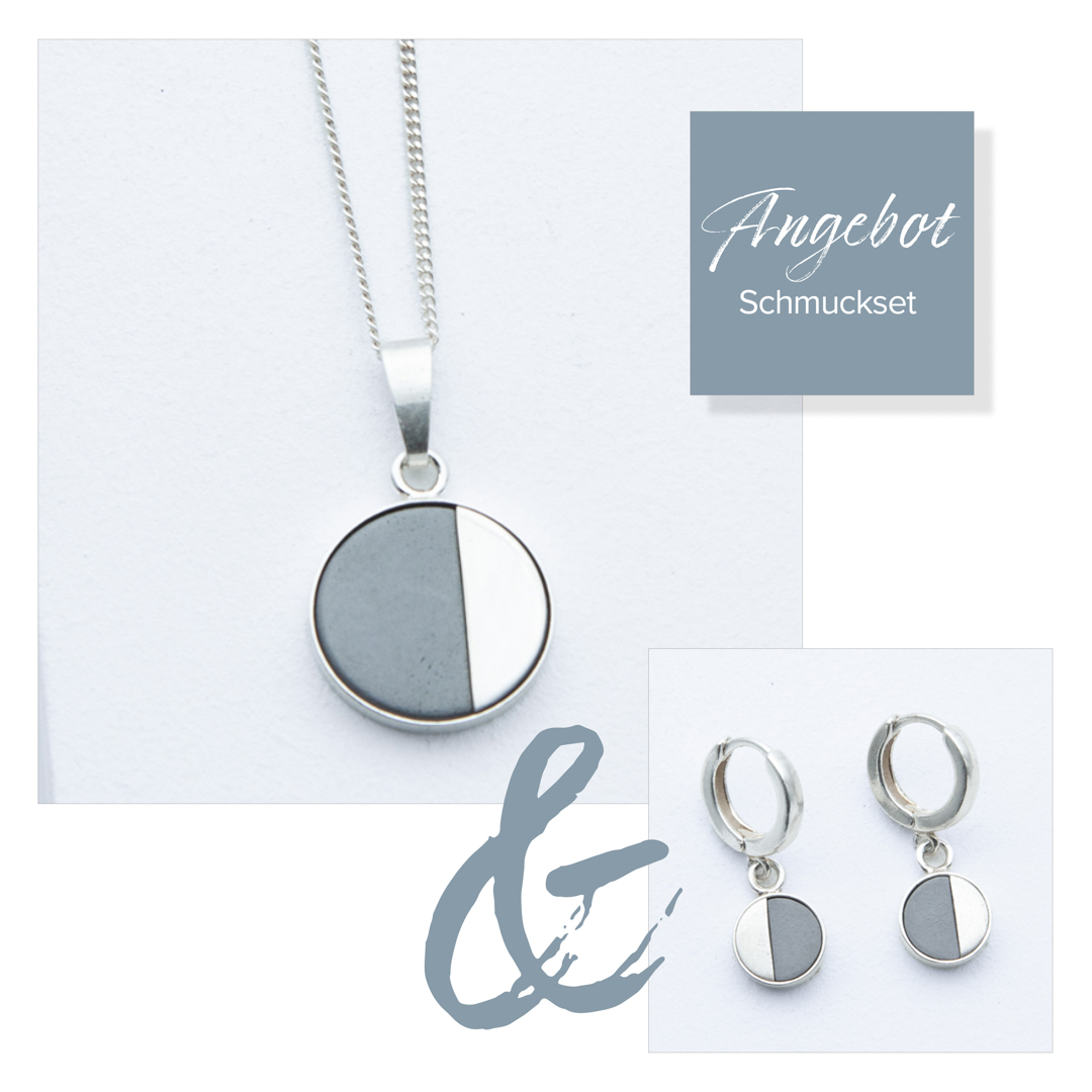 Betonschmuck Kette R01 und Creole R21 Silber im Set aus der Studio 4L Betonmanufaktur