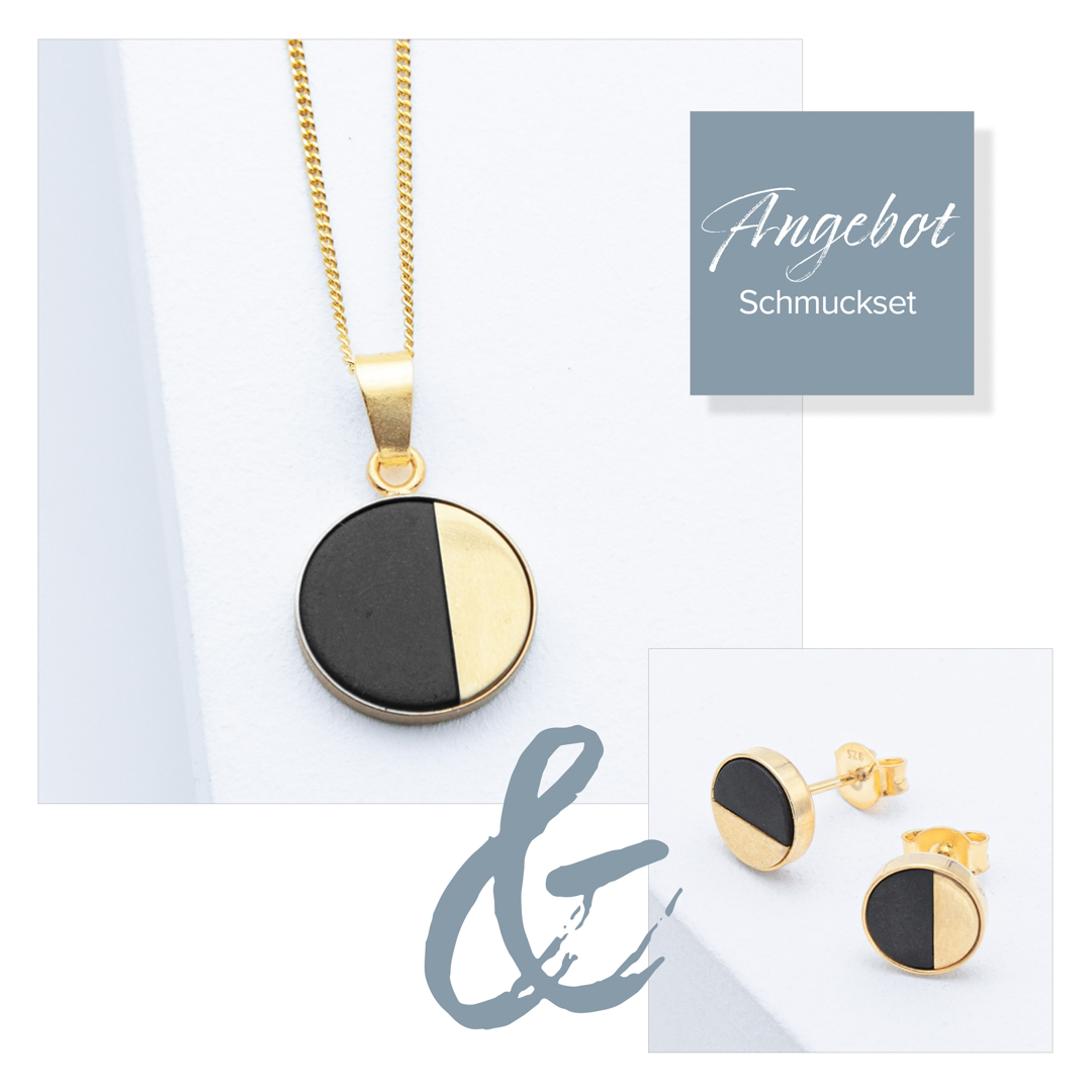 Exquisites Betonschmuck-Set: Kette R01 und Ohrringe R21 in strahlendem Gold Schwarz, handgefertigt von Studio 4L
