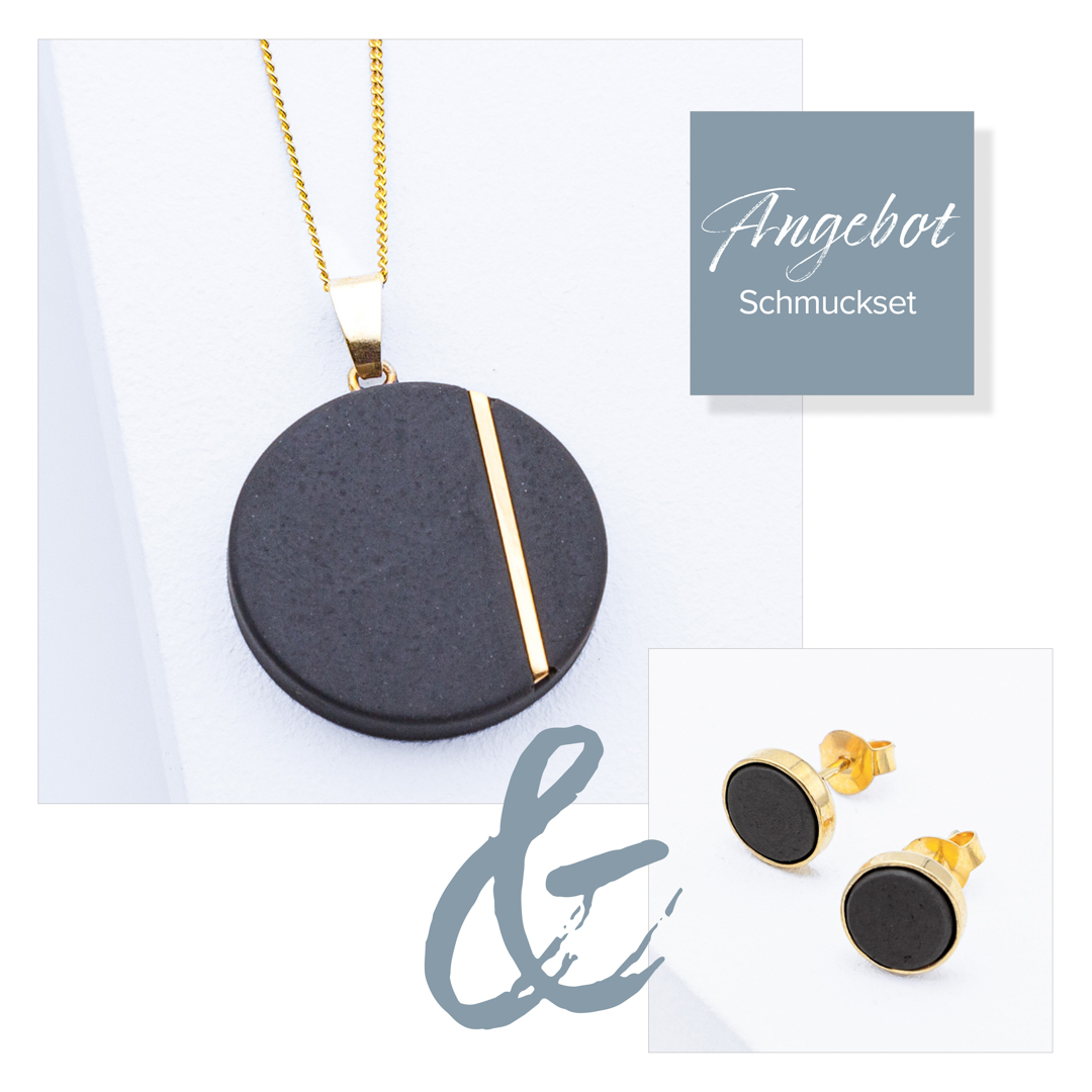Betonschmuck Kette R1 und Ohrringen R20 Gold Schwarz im Set aus der Studio 4L Betonmanufaktur